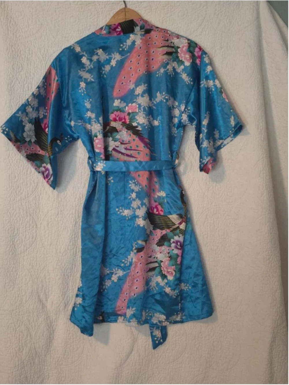 Teal Blue & Pink Satin Floral Peacock Kimono Robe Large Regency Special Occasion